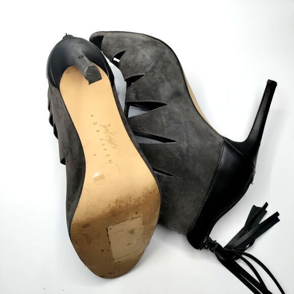 Lord & Taylor 424 Fifth Women 9.5 Gray Suede Peep Toe Leather Zipper Tassel Sexy - Picture 6 of 6